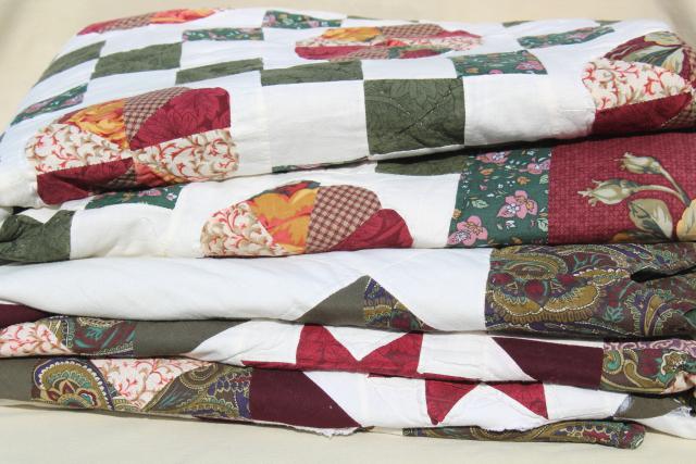 photo of vintage quilt bedspreads, patchwork star & ring patterns, green, rust red roses #1