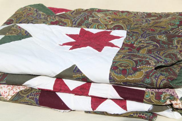 photo of vintage quilt bedspreads, patchwork star & ring patterns, green, rust red roses #3