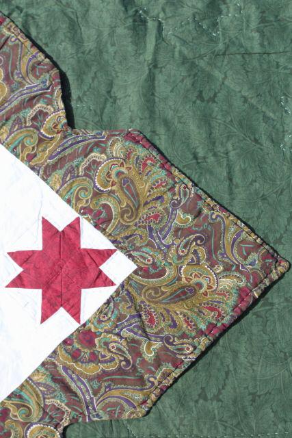 photo of vintage quilt bedspreads, patchwork star & ring patterns, green, rust red roses #11