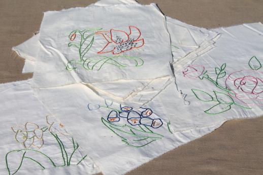 photo of vintage quilt blocks, lot of embroidered flowers cotton squares for album quilt #1