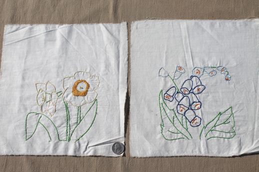 photo of vintage quilt blocks, lot of embroidered flowers cotton squares for album quilt #3