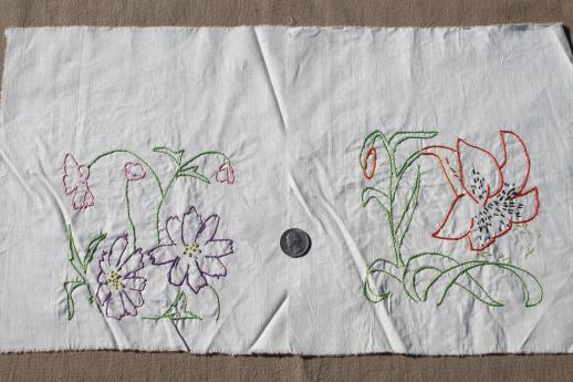 photo of vintage quilt blocks, lot of embroidered flowers cotton squares for album quilt #4