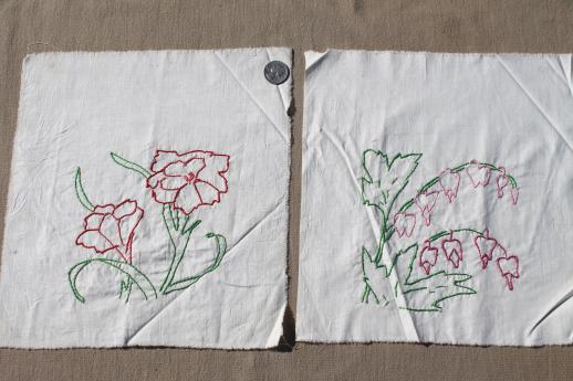 photo of vintage quilt blocks, lot of embroidered flowers cotton squares for album quilt #7