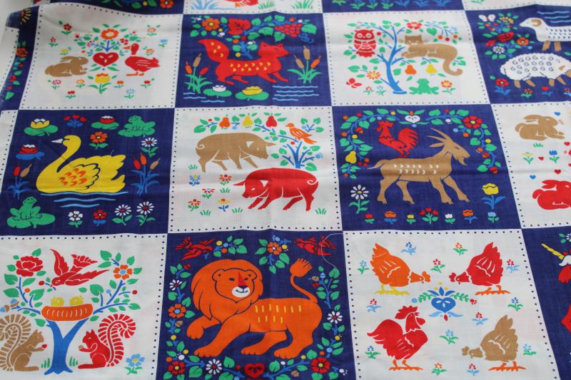 photo of vintage 'quilt' print cotton fabric, w/ naive style animals patchwork blocks print #1