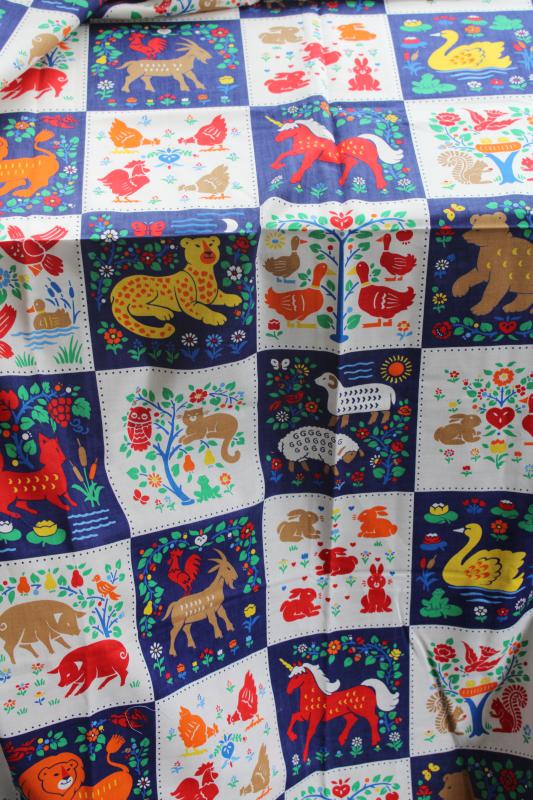 photo of vintage 'quilt' print cotton fabric, w/ naive style animals patchwork blocks print #2