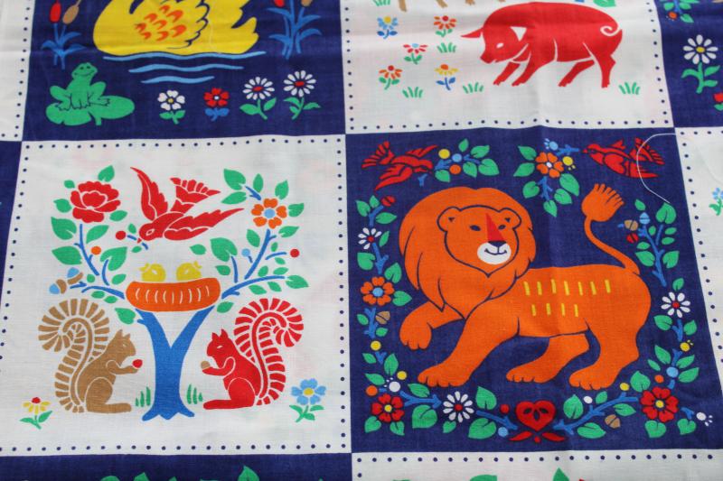 photo of vintage 'quilt' print cotton fabric, w/ naive style animals patchwork blocks print #3