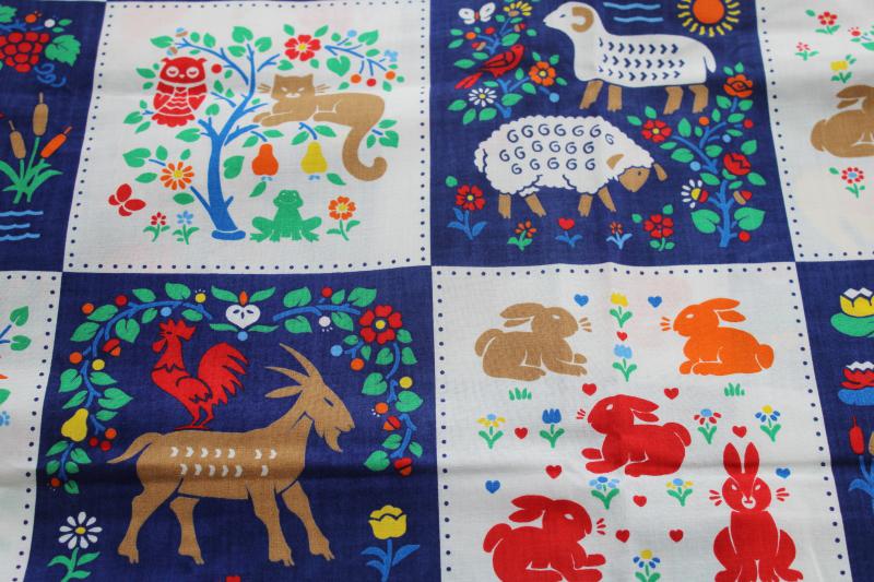 photo of vintage 'quilt' print cotton fabric, w/ naive style animals patchwork blocks print #5