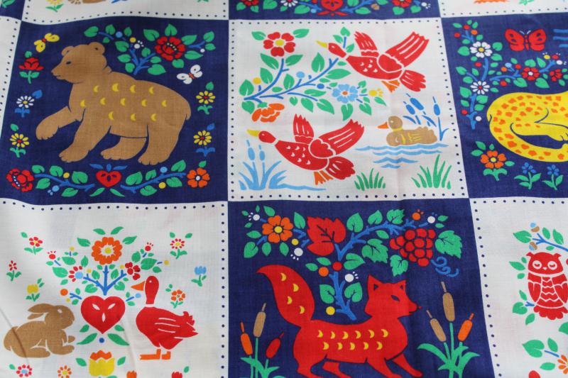 photo of vintage 'quilt' print cotton fabric, w/ naive style animals patchwork blocks print #6