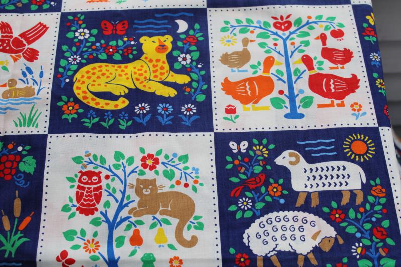 photo of vintage 'quilt' print cotton fabric, w/ naive style animals patchwork blocks print #7