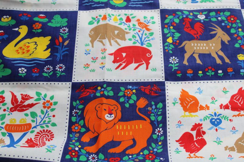 photo of vintage 'quilt' print cotton fabric, w/ naive style animals patchwork blocks print #8