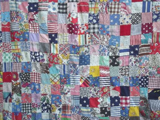 photo of vintage quilt top, 40s 50s cotton prints fabric postage stamp patchwork #3