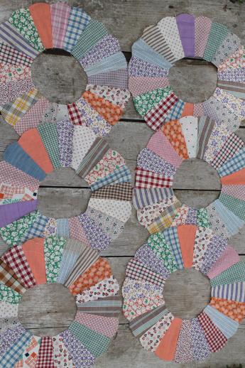 photo of vintage quilt top blocks, dresden plate pattern quilt block, old 40's 50's cotton print fabric #3