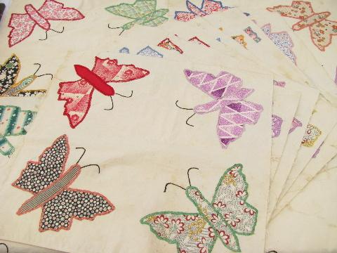 photo of vintage quilt top blocks, hand-stitched patchwork applique butterflies, old cotton print fabric #1