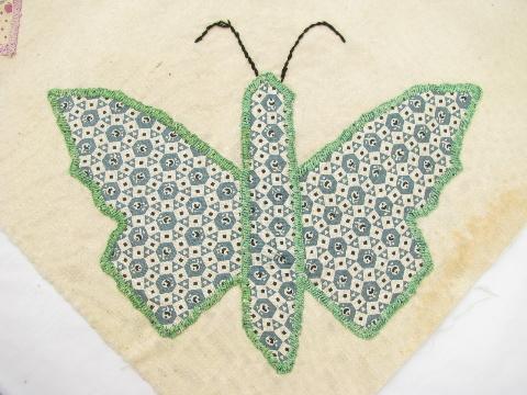 photo of vintage quilt top blocks, hand-stitched patchwork applique butterflies, old cotton print fabric #2