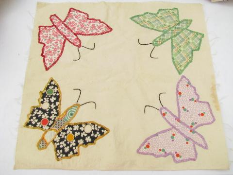 photo of vintage quilt top blocks, hand-stitched patchwork applique butterflies, old cotton print fabric #3