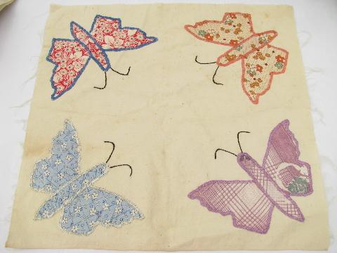 photo of vintage quilt top blocks, hand-stitched patchwork applique butterflies, old cotton print fabric #4