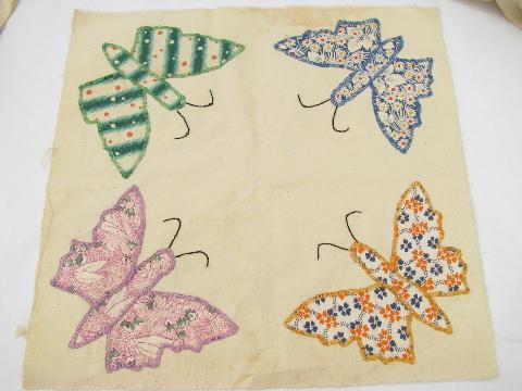 photo of vintage quilt top blocks, hand-stitched patchwork applique butterflies, old cotton print fabric #5