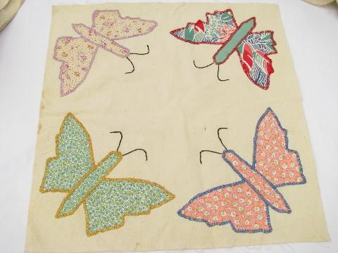 photo of vintage quilt top blocks, hand-stitched patchwork applique butterflies, old cotton print fabric #6