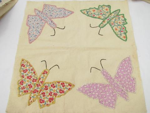 photo of vintage quilt top blocks, hand-stitched patchwork applique butterflies, old cotton print fabric #7