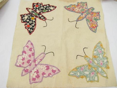 photo of vintage quilt top blocks, hand-stitched patchwork applique butterflies, old cotton print fabric #8