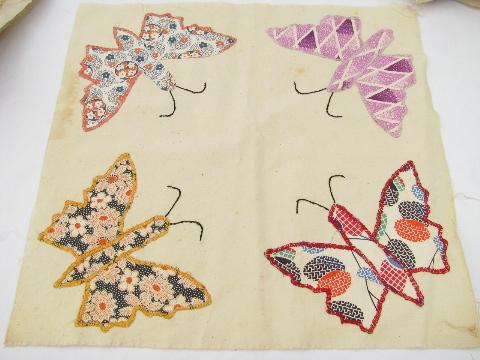 photo of vintage quilt top blocks, hand-stitched patchwork applique butterflies, old cotton print fabric #9