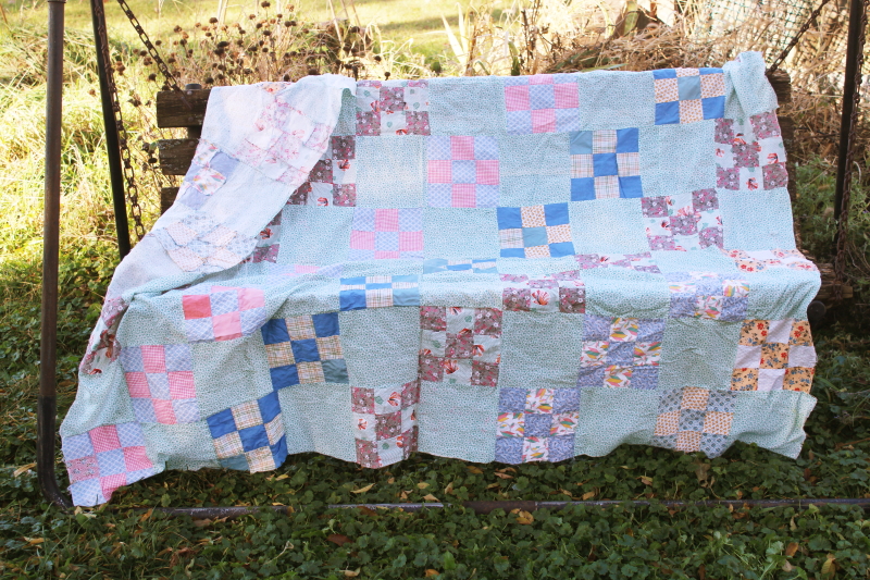 photo of vintage quilt top cotton fabrics & print feed sack patchwork blocks, cottage country primitive #1