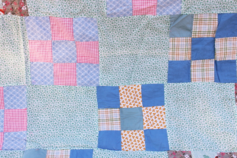 photo of vintage quilt top cotton fabrics & print feed sack patchwork blocks, cottage country primitive #4