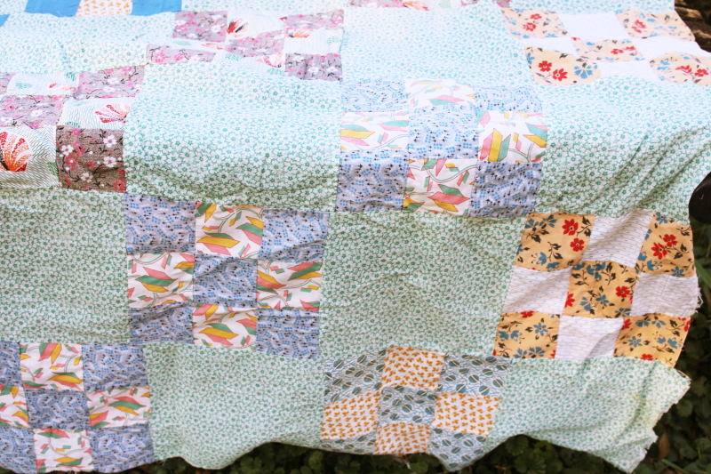 photo of vintage quilt top cotton fabrics & print feed sack patchwork blocks, cottage country primitive #5