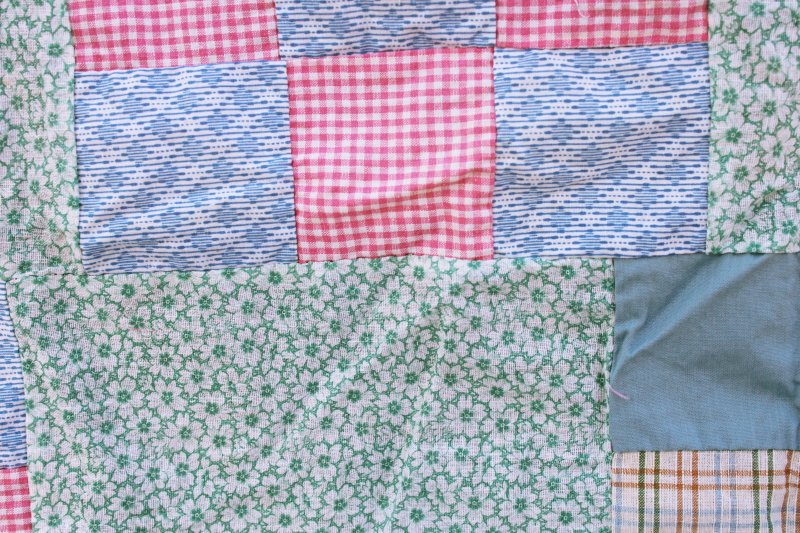 photo of vintage quilt top cotton fabrics & print feed sack patchwork blocks, cottage country primitive #6