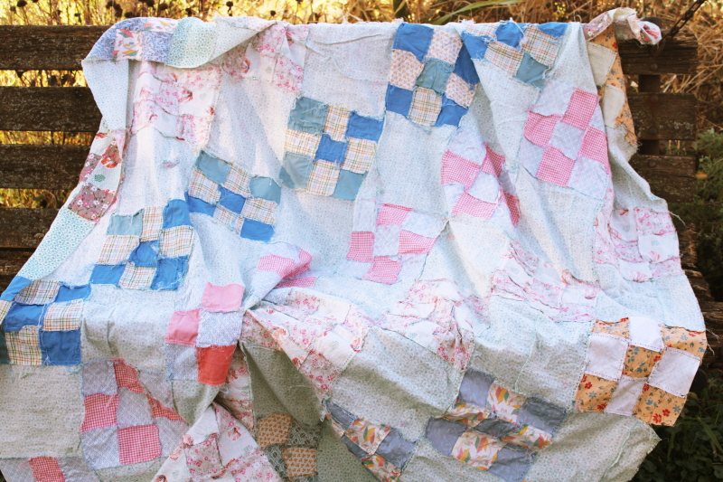 photo of vintage quilt top cotton fabrics & print feed sack patchwork blocks, cottage country primitive #8