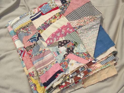 photo of vintage quilt top, hand-stitched crazy quilt patchwork in cotton print fabric #4