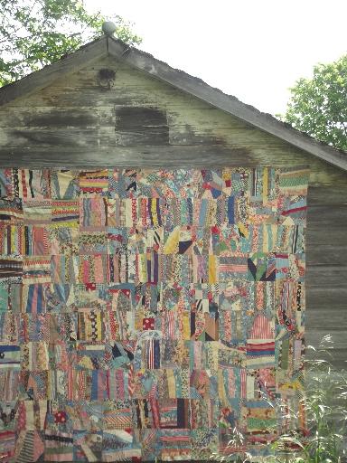 photo of vintage quilt top, hand-stitched crazy quilt patchwork in cotton print fabric #5