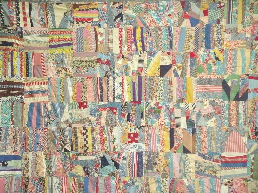 photo of vintage quilt top, hand-stitched crazy quilt patchwork in cotton print fabric #6