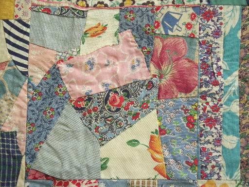 photo of vintage quilt top, hand-stitched crazy quilt patchwork in cotton print fabric #9