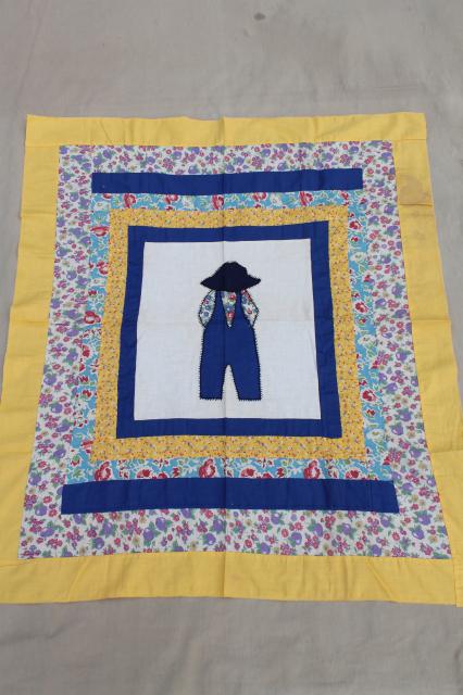 photo of vintage quilt top patchwork applique for baby boy, farmer Sam hat & overalls #1