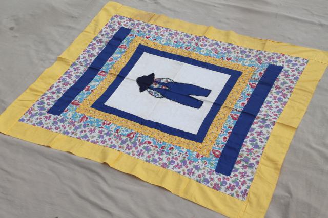 photo of vintage quilt top patchwork applique for baby boy, farmer Sam hat & overalls #2