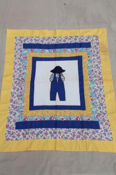 catalog photo of vintage quilt top patchwork applique for baby boy, farmer Sam hat & overalls