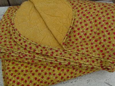 photo of vintage quilted corduroy and, calico print cotton bedcovers / bedspreads #1