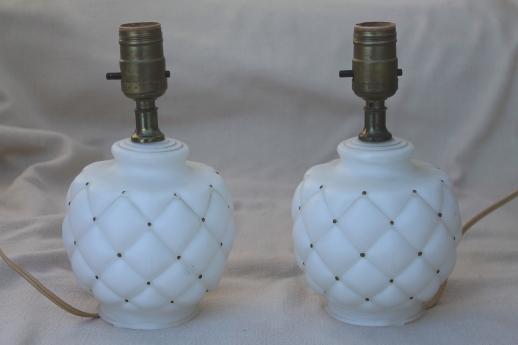 photo of vintage quilted glass boudoir lamps, pair of frosted glass 'milk glass' lamps #1