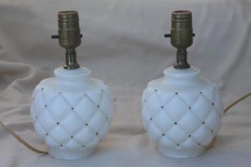 catalog photo of vintage quilted glass boudoir lamps, pair of frosted glass 'milk glass' lamps