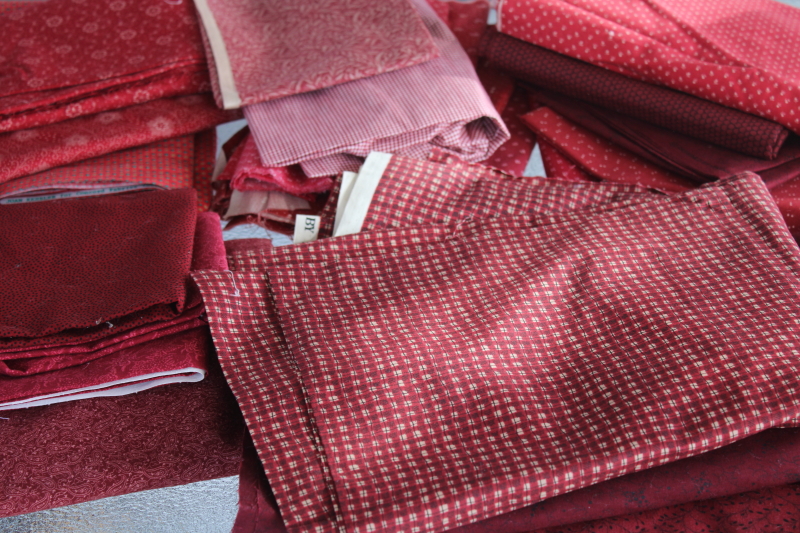 photo of vintage quilting fabric lot reds, barn red & burgundy cotton calico & prints, large pieces scraps #1