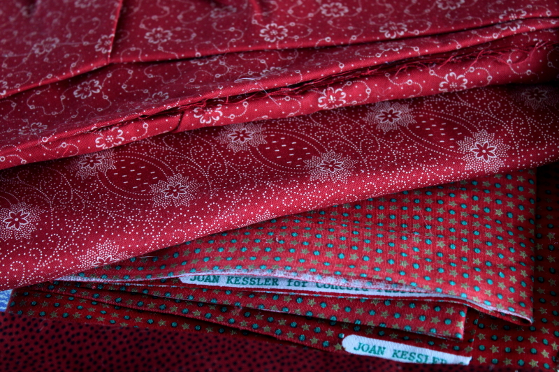 photo of vintage quilting fabric lot reds, barn red & burgundy cotton calico & prints, large pieces scraps #5