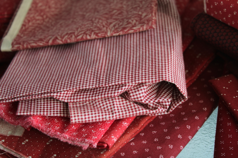 photo of vintage quilting fabric lot reds, barn red & burgundy cotton calico & prints, large pieces scraps #6