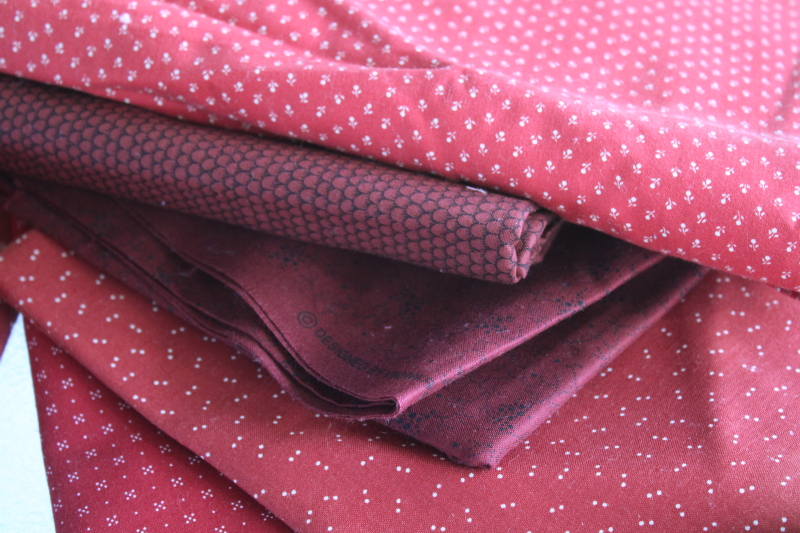 photo of vintage quilting fabric lot reds, barn red & burgundy cotton calico & prints, large pieces scraps #7