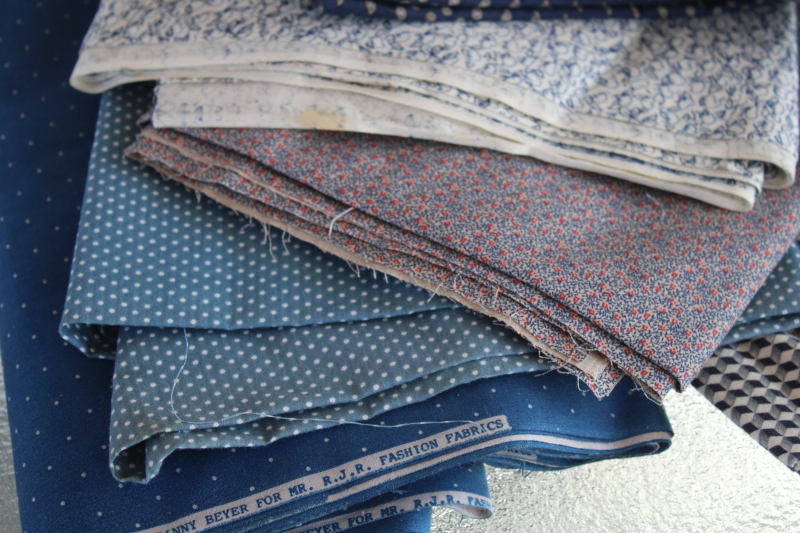 photo of vintage quilting fabric lot shades of blue, cotton calico & prints, large pieces scraps #5