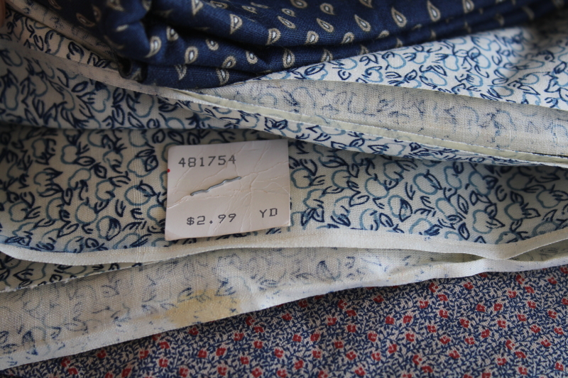 photo of vintage quilting fabric lot shades of blue, cotton calico & prints, large pieces scraps #6