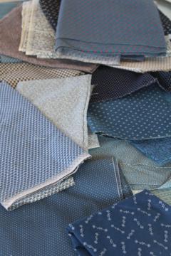 vintage quilting fabric lot shades of blue, cotton calico & prints, large pieces scraps