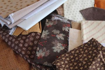 catalog photo of vintage quilting fabric lot shades of brown & tan, cotton calico & prints, large pieces scraps