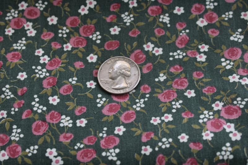 photo of vintage quilting weight cotton fabric w/ flowered print, pink roses on dark green #1