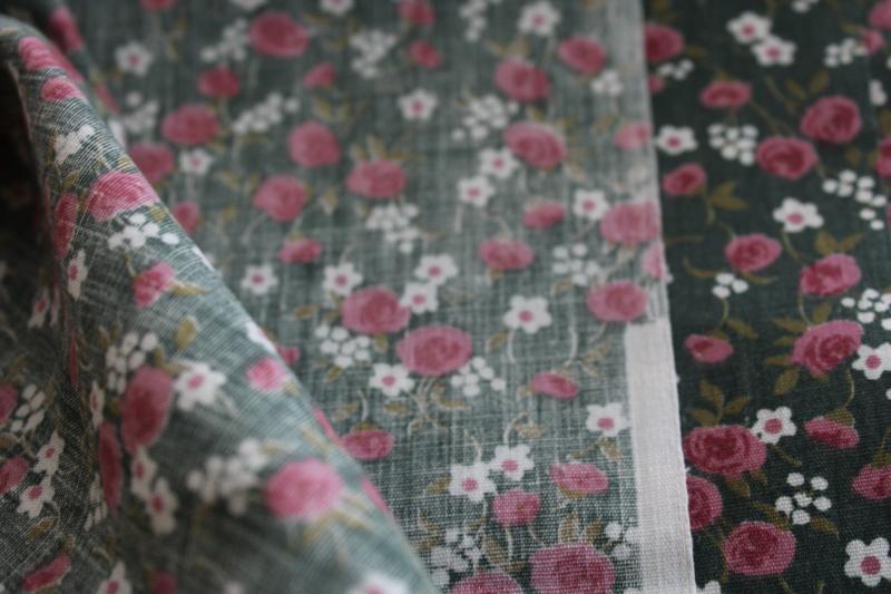 photo of vintage quilting weight cotton fabric w/ flowered print, pink roses on dark green #3